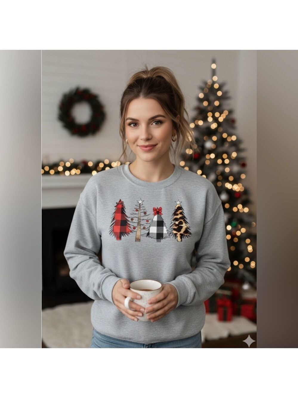 Christmas Tree Graphic Sweatshirt Gray/Red Size L